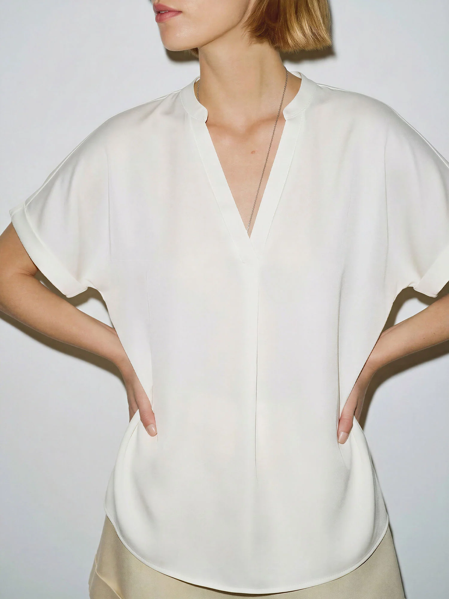 V-Neck Mandarin Collar Short Dolman Sleeves Flowy Top - Image 13