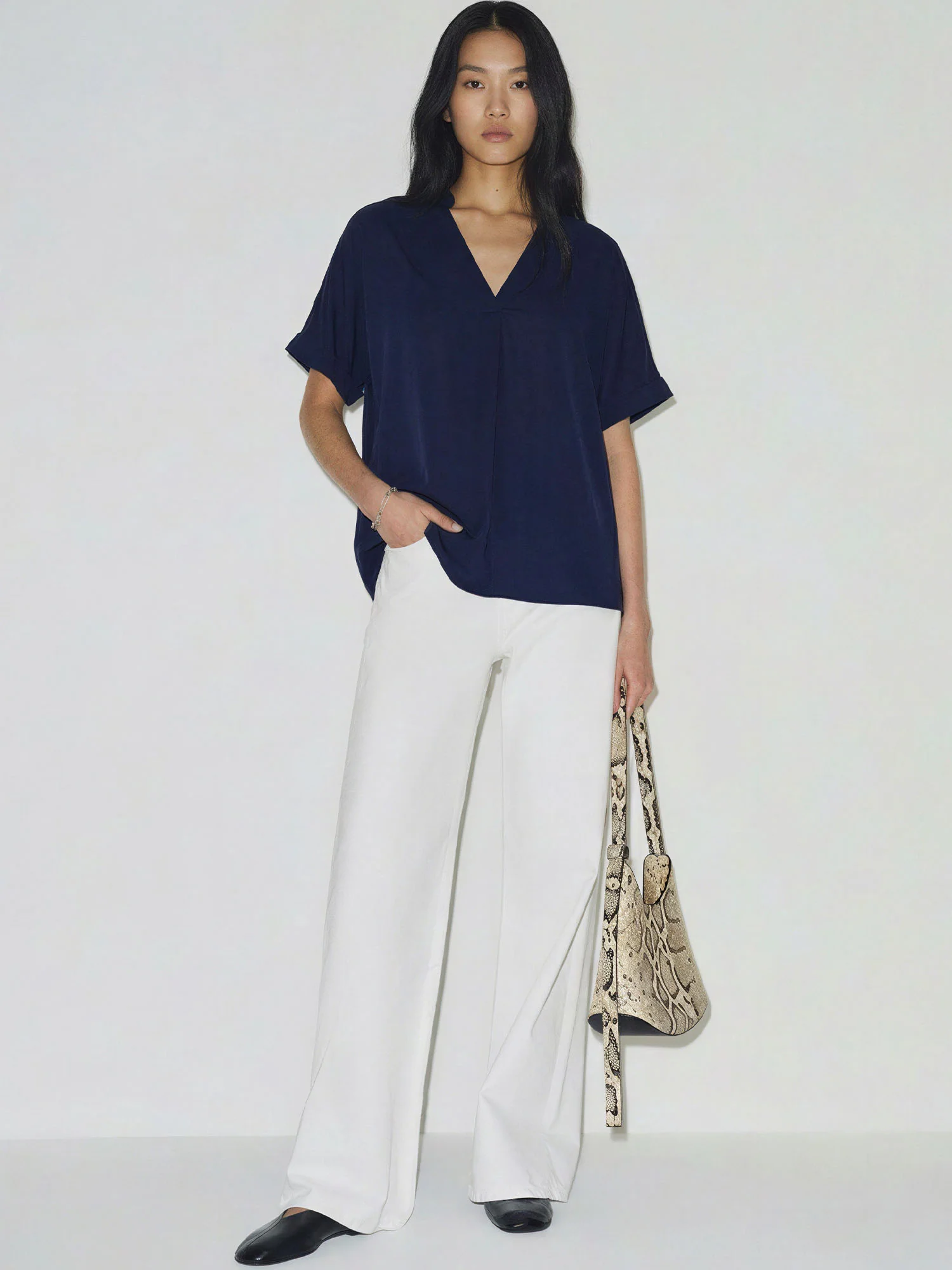V-Neck Mandarin Collar Short Dolman Sleeves Flowy Top - Image 8