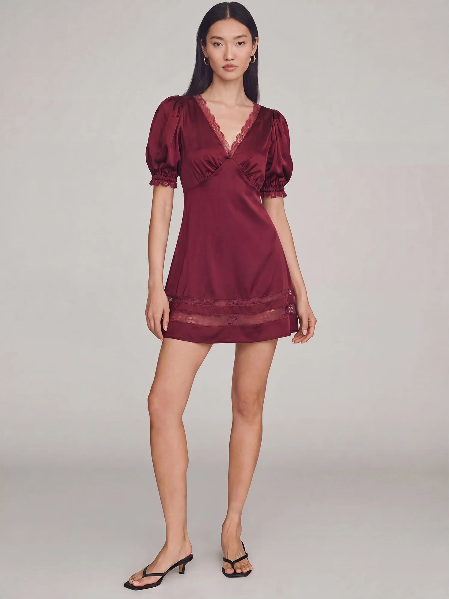 V-Neck Satin Lace Trimmed Short Sleeve Mini Dress - Image 2