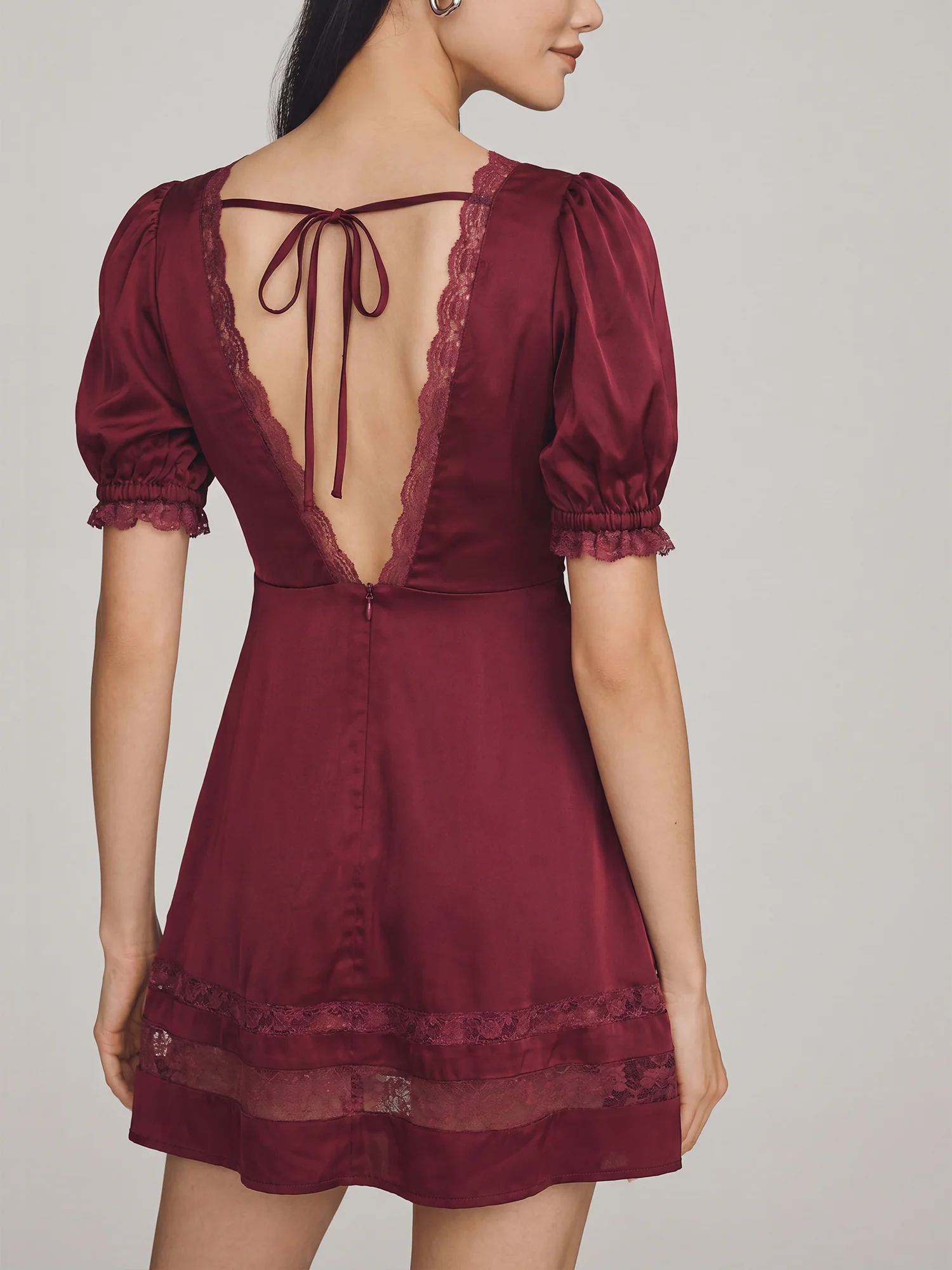 V-Neck Satin Lace Trimmed Short Sleeve Mini Dress - Image 3