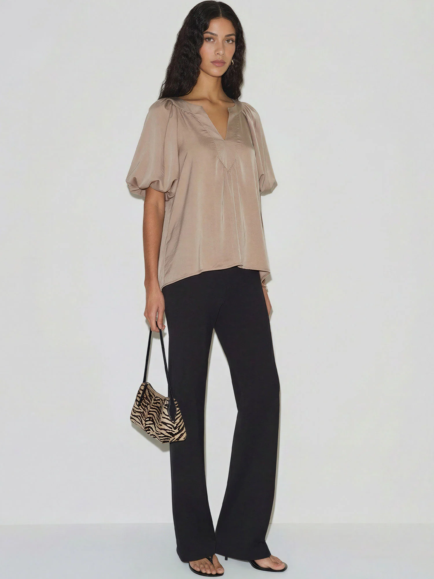 V-Neck Trim Puff Sleeves Flowy Top - Image 7