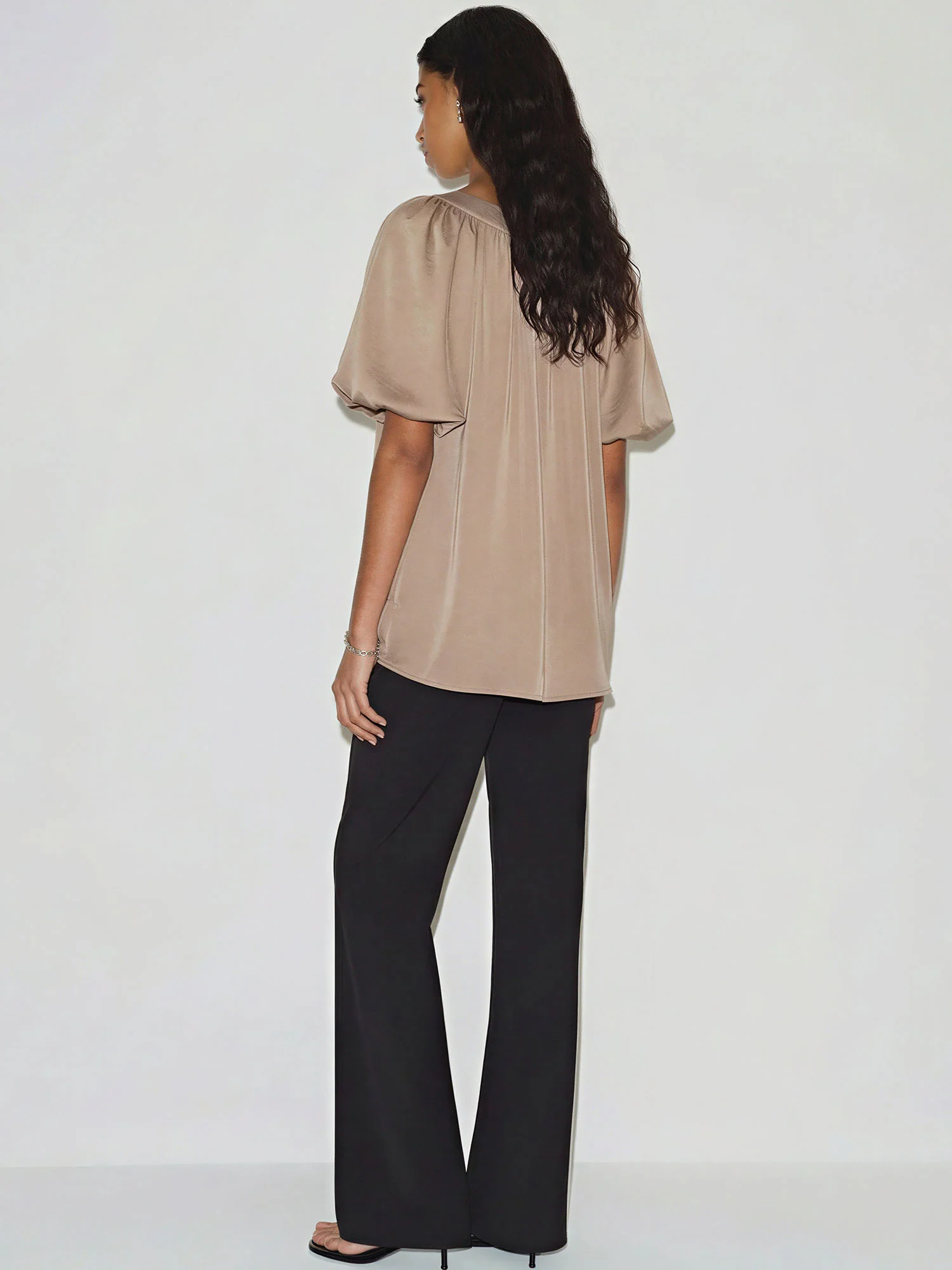 V-Neck Trim Puff Sleeves Flowy Top - Image 9