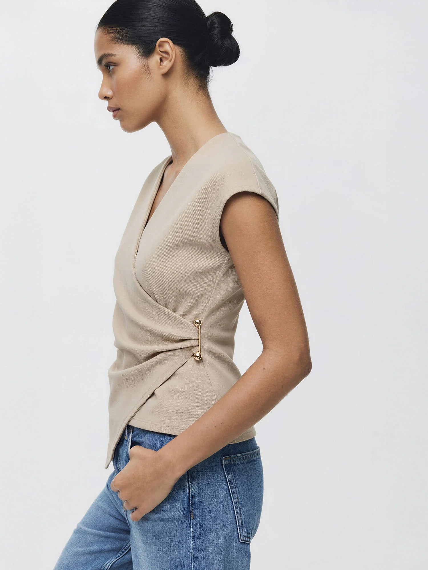 V-Neck Wrap Top With Side Buttons - Image 3