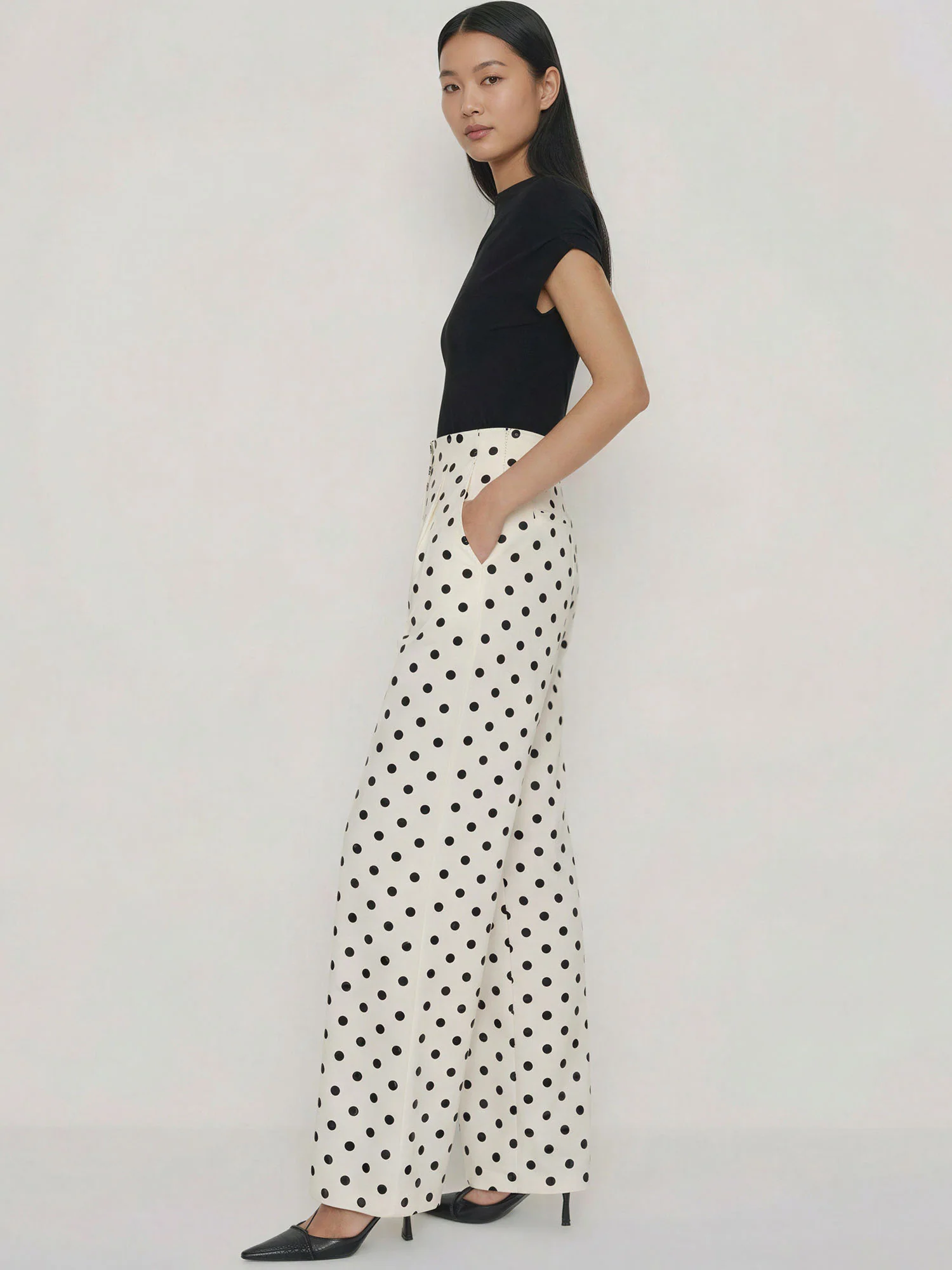 Wide Leg Polka Dot Pleated Pants - Image 3