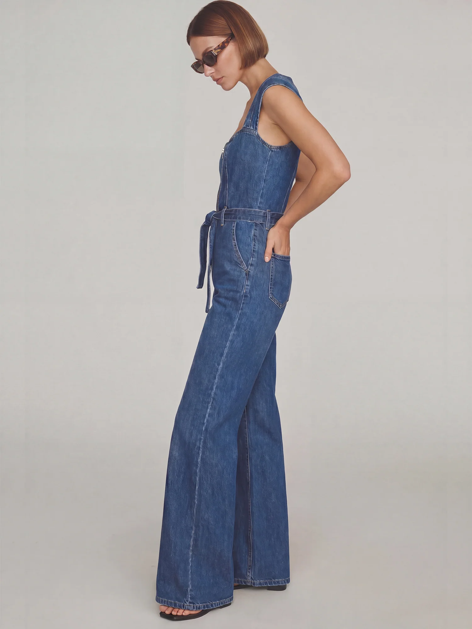 Zipper Front Sweetheart Neckline Cap Sleeves Denim Jumpsuit - Image 3