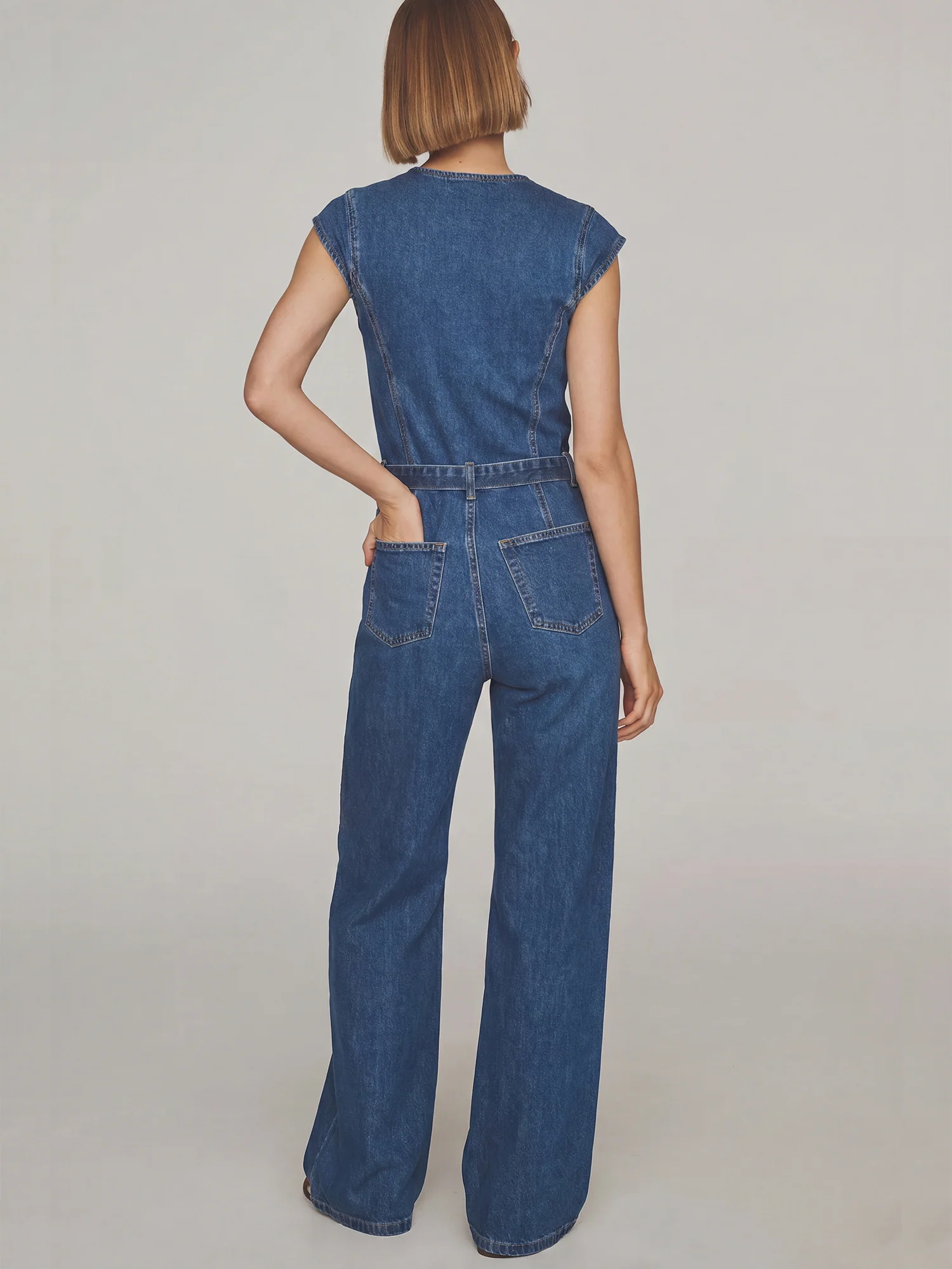 Zipper Front Sweetheart Neckline Cap Sleeves Denim Jumpsuit - Image 4